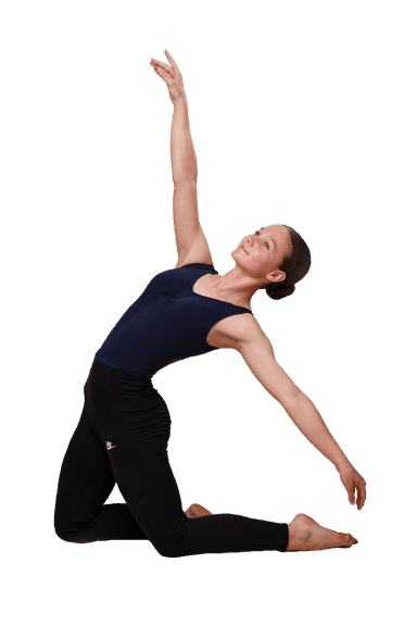 A dancer in a purple tank top and black leggings, captured in a dynamic, modern dance pose.