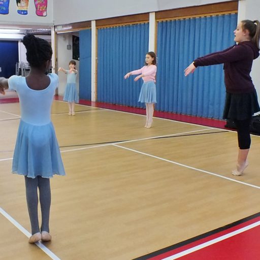ballet class teacher and pupils balancing